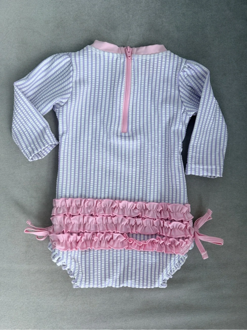 Ruffle Butts Lavender Seersucker Long-Sleeve One-Piece Swimsuit 3-6 EUC